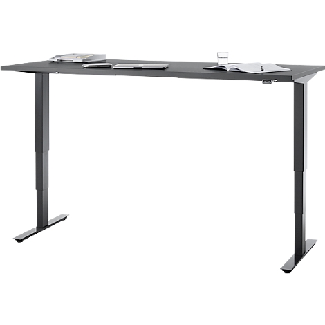Bureau, elektrisch in hoogte verstelbaar, T-poot zonder dwarsbalk, B 1800 x D 800 x H 605-1265 mm, grafiet/zwart